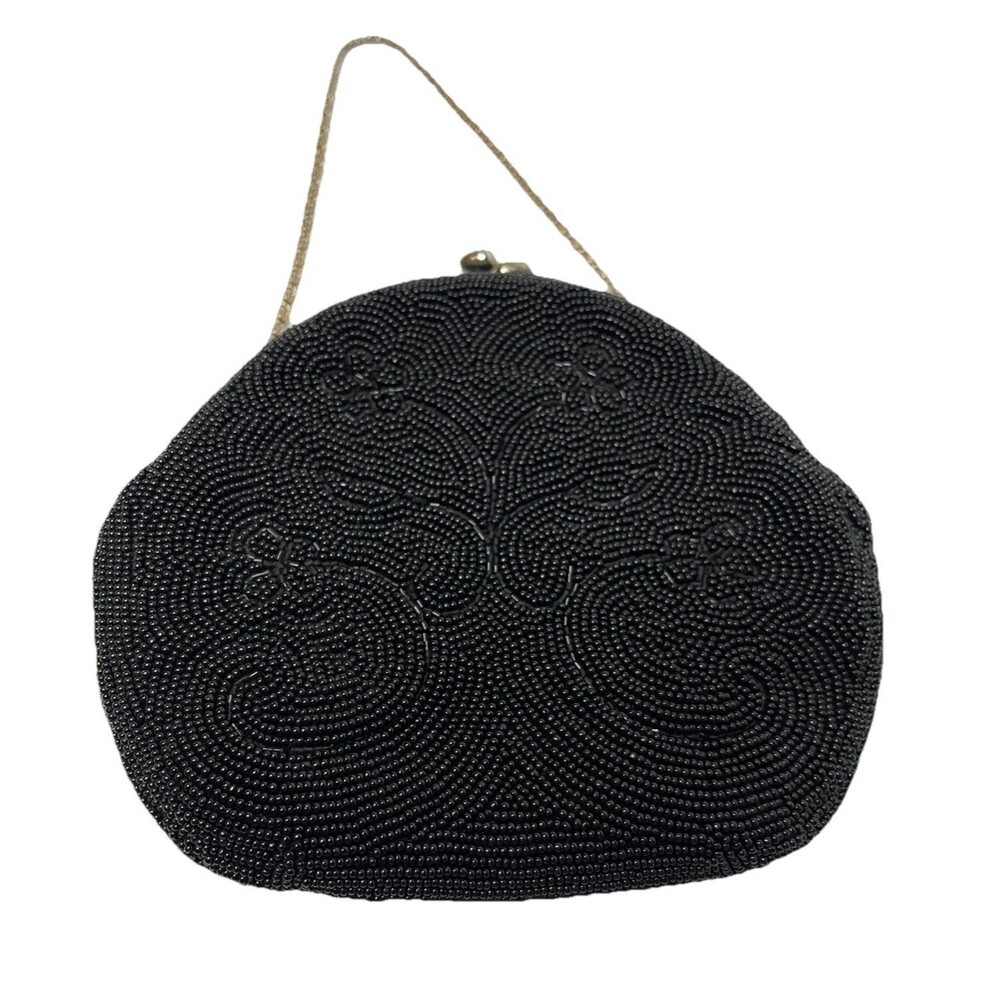 Walborg Vintage Black Beaded Snap Close Mini Bag Purse 5x6"